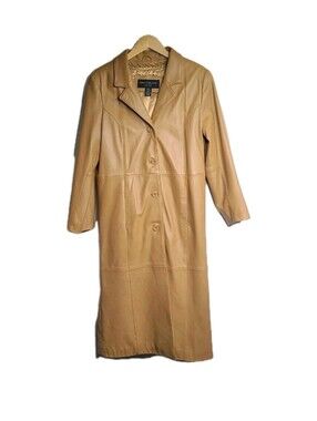 Centigrade Long Trench Over Coat Womens Small Leather Tan Button - Lined